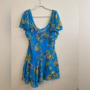 Free people love to love flowy ruffle mini dress | blue & yellow floral | Medium